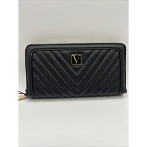 Victoria's Secret Black Quilted Chevron Wallet Zip Around Gold V Monogram NWT